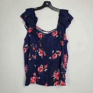 Maurices 1X Navy Floral Ruffle Cap Sleeve Top